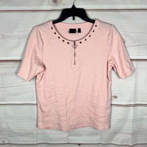 Rafaella Top Women Large Pink Cotton T-Shirt 1/4 Zip Short Sleeve Solid Pullover
